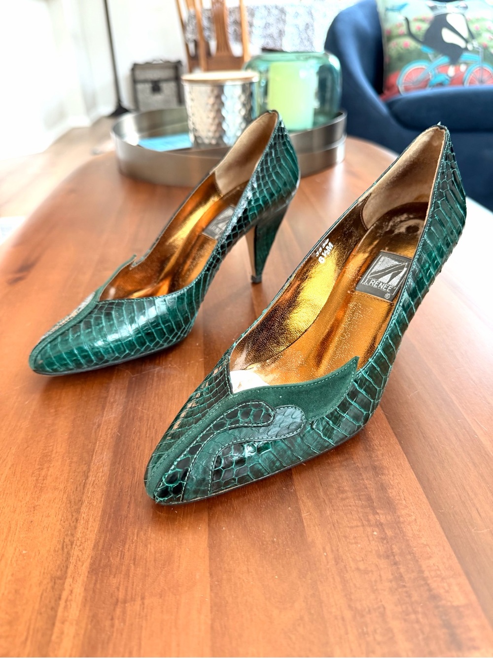 Vintage J Renee Malachite Green Snakeskin Suede Pumps Heels 6.5M Box